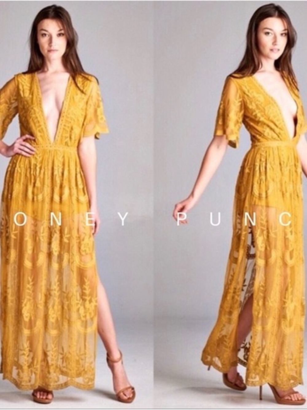 Honey Punch Chloe Mustard Embroidered Lace Maxi Dress S